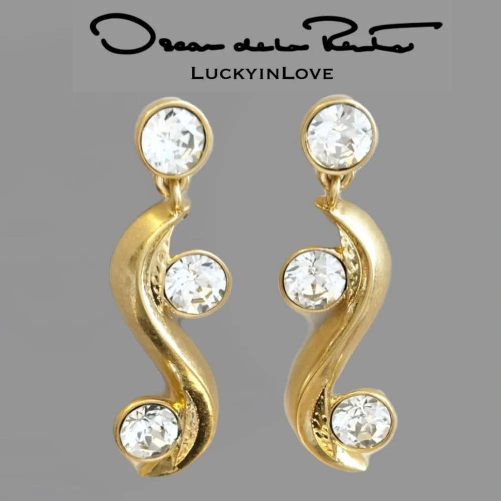 Oscar de la Renta Crystal Wave Earrings Gold with Clear Crystals